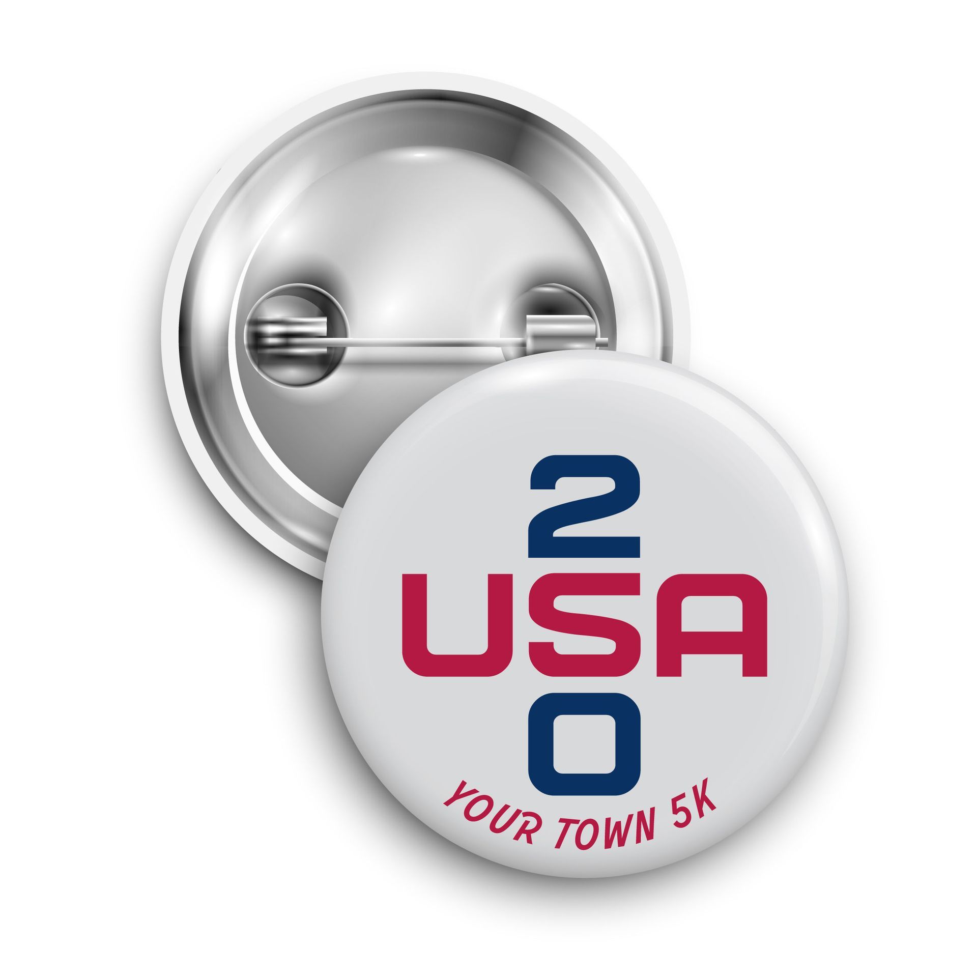 USA 250 button with blue and red logo and 