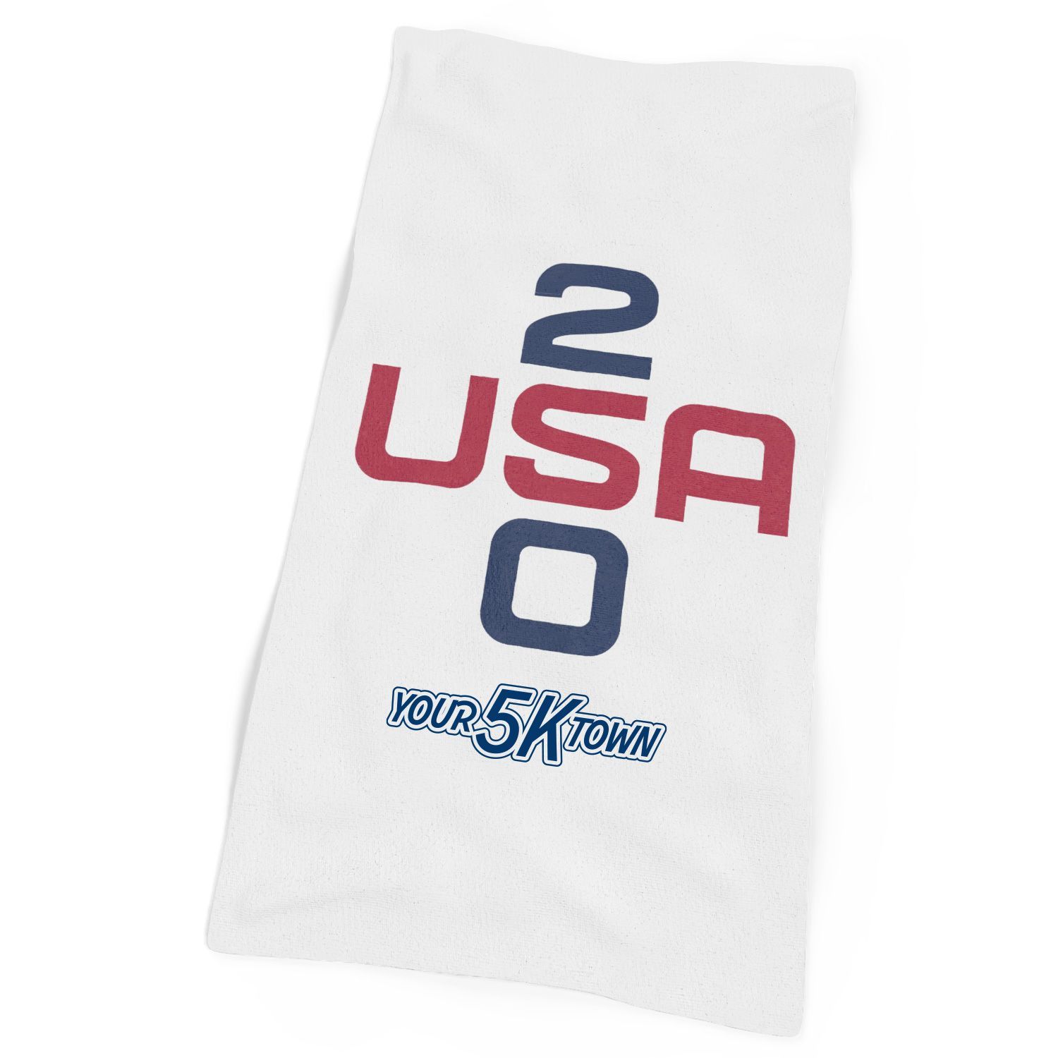 White USA 250 Beach Towel and “your 5K town” printed in blue and red