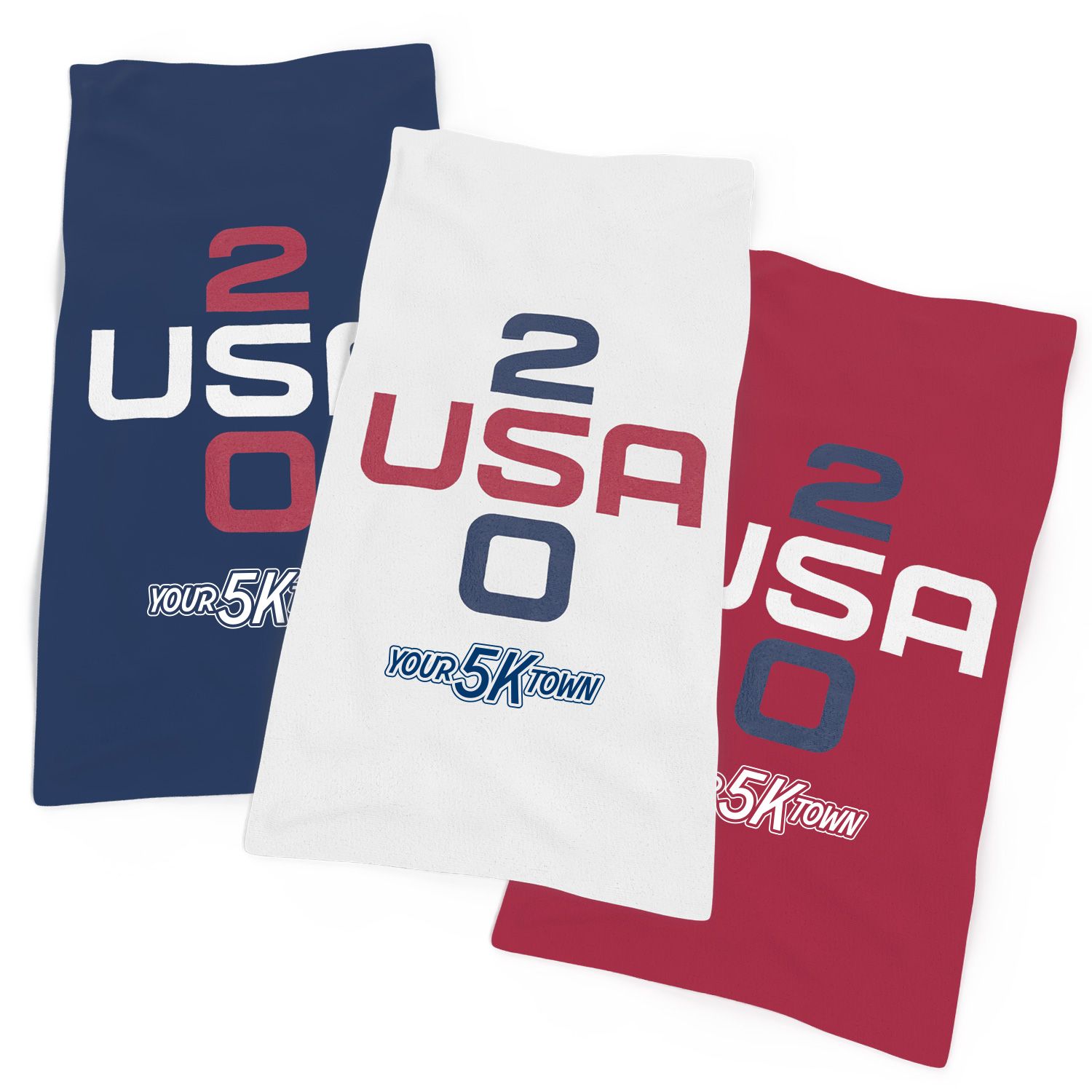 Three folded  USA 250 Beach Towels  in navy, white, and red with USA 250 graphics