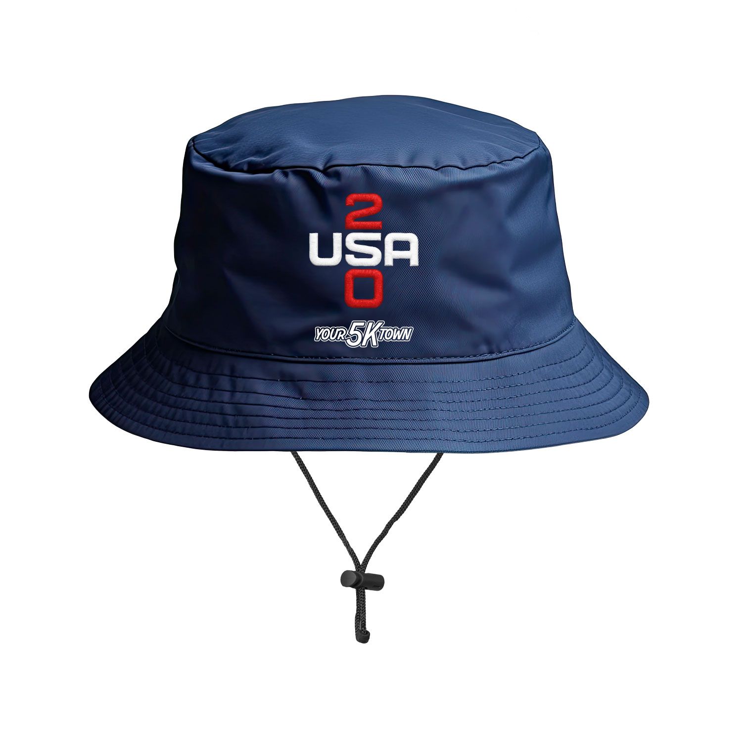 Navy blue USA 250 bucket hat with red-and-white logo and chin strap