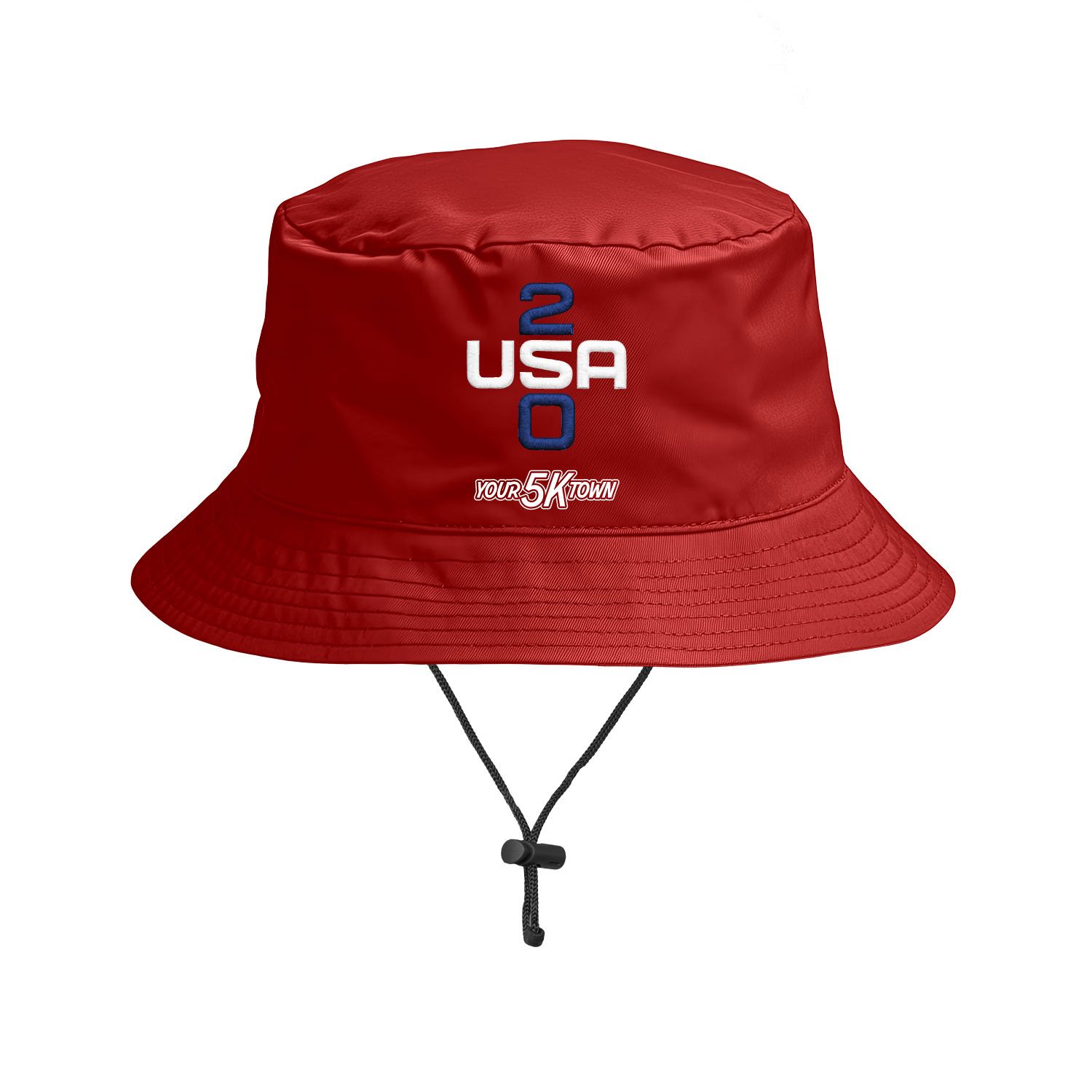 Red USA bucket hat with chin cord, showing a blue-and-white USA 250logo on the front