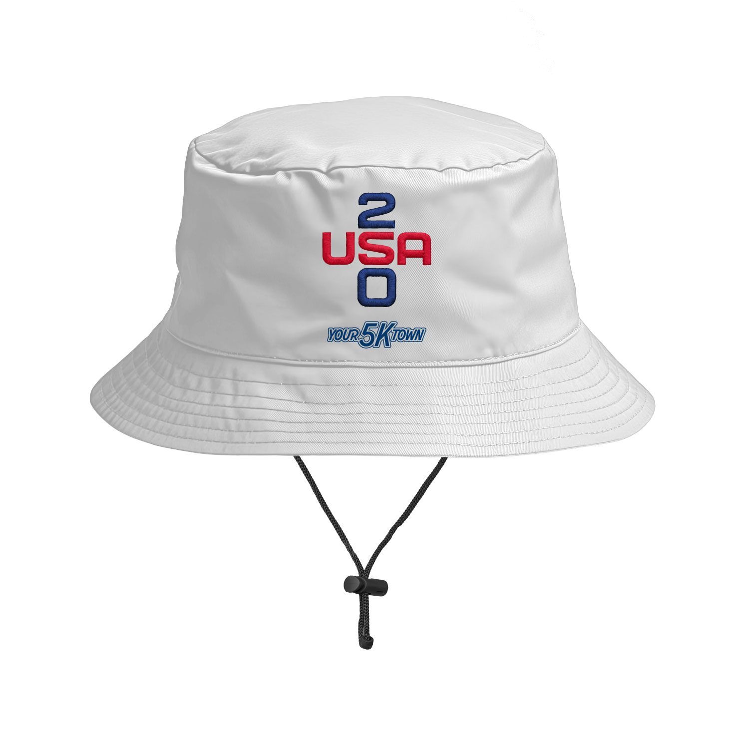 White bucket hat with red and blue 