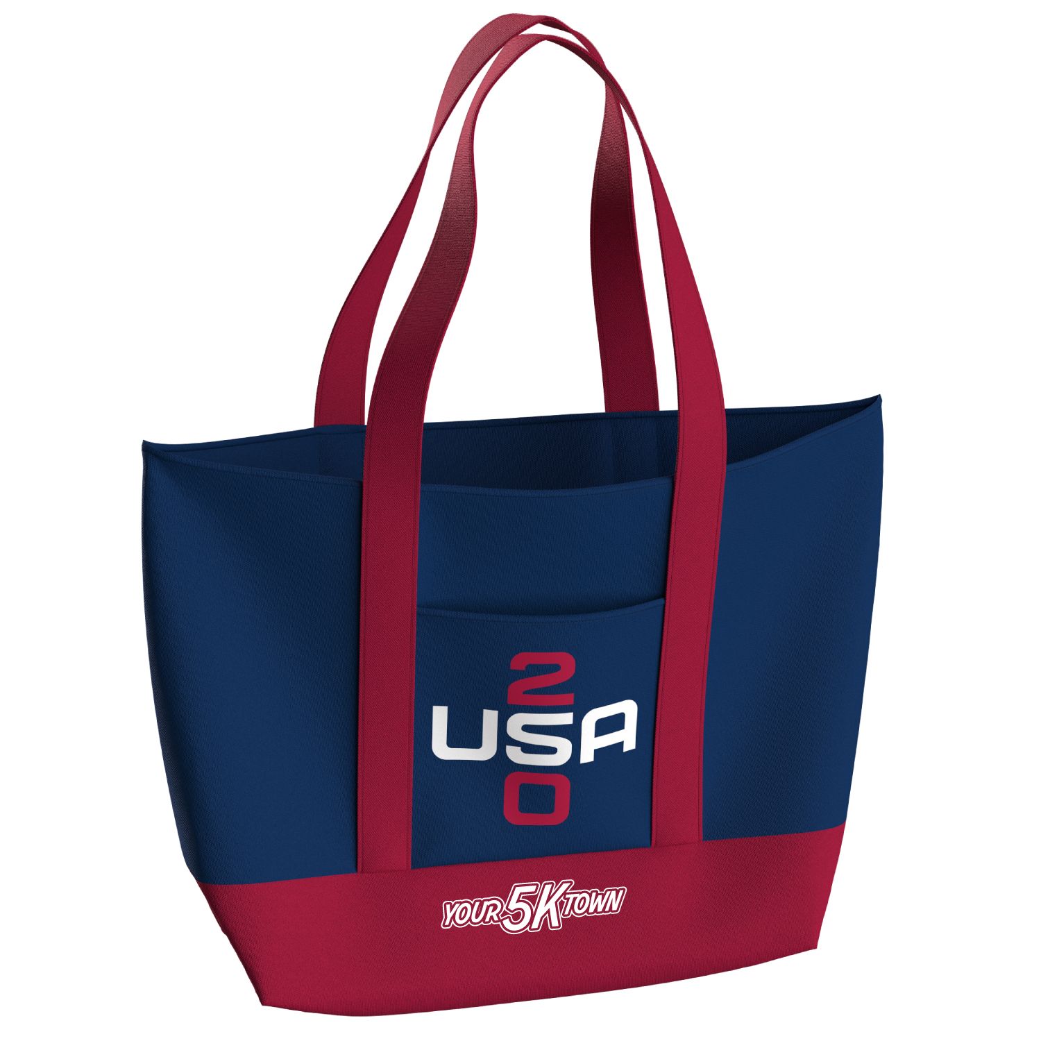 Blue and red USA 250 canvas tote bag with long handles and a central logo