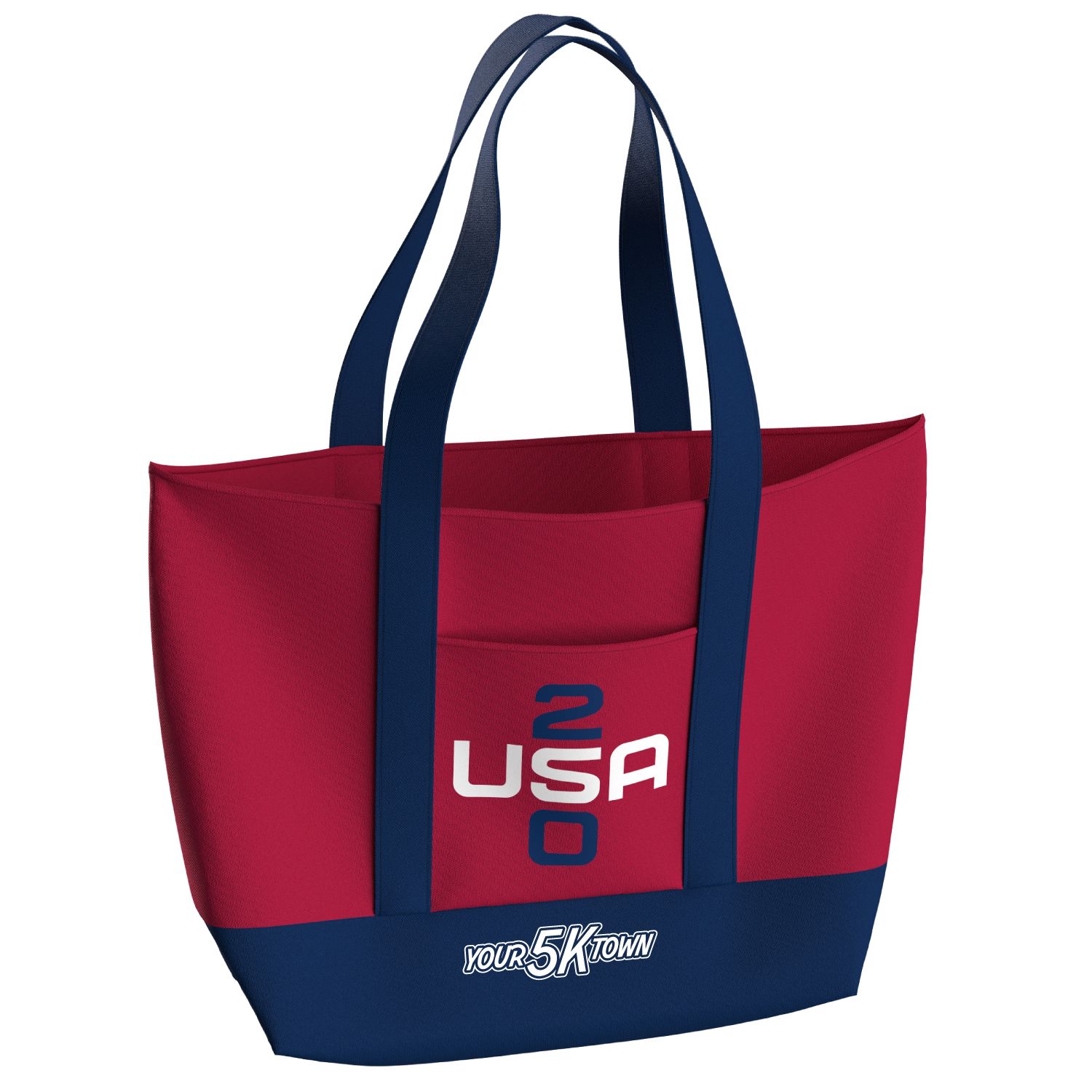 Red and navy USA 250 Canvas tote bag with long handles and white logo on front