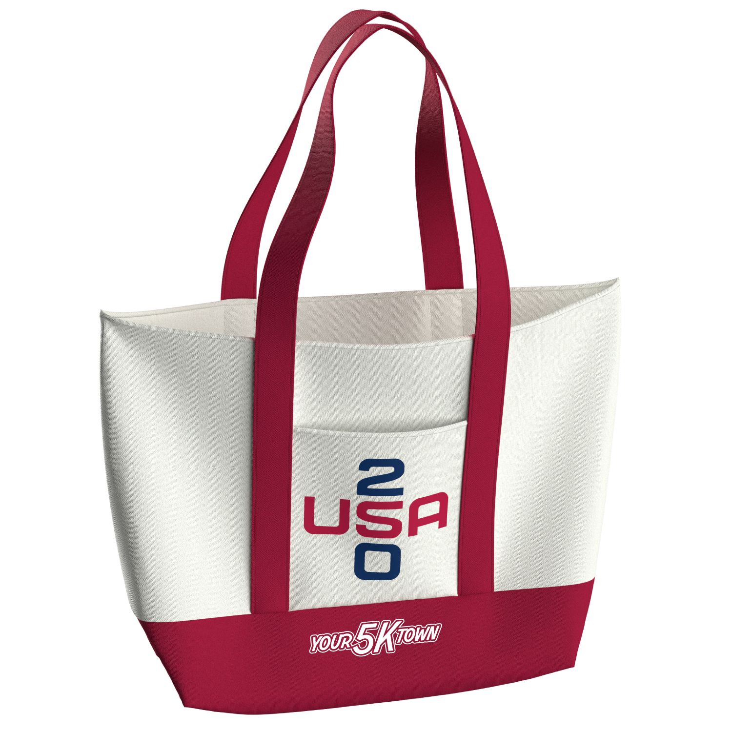White USA 250 canvas tote bag with red handles and trim.