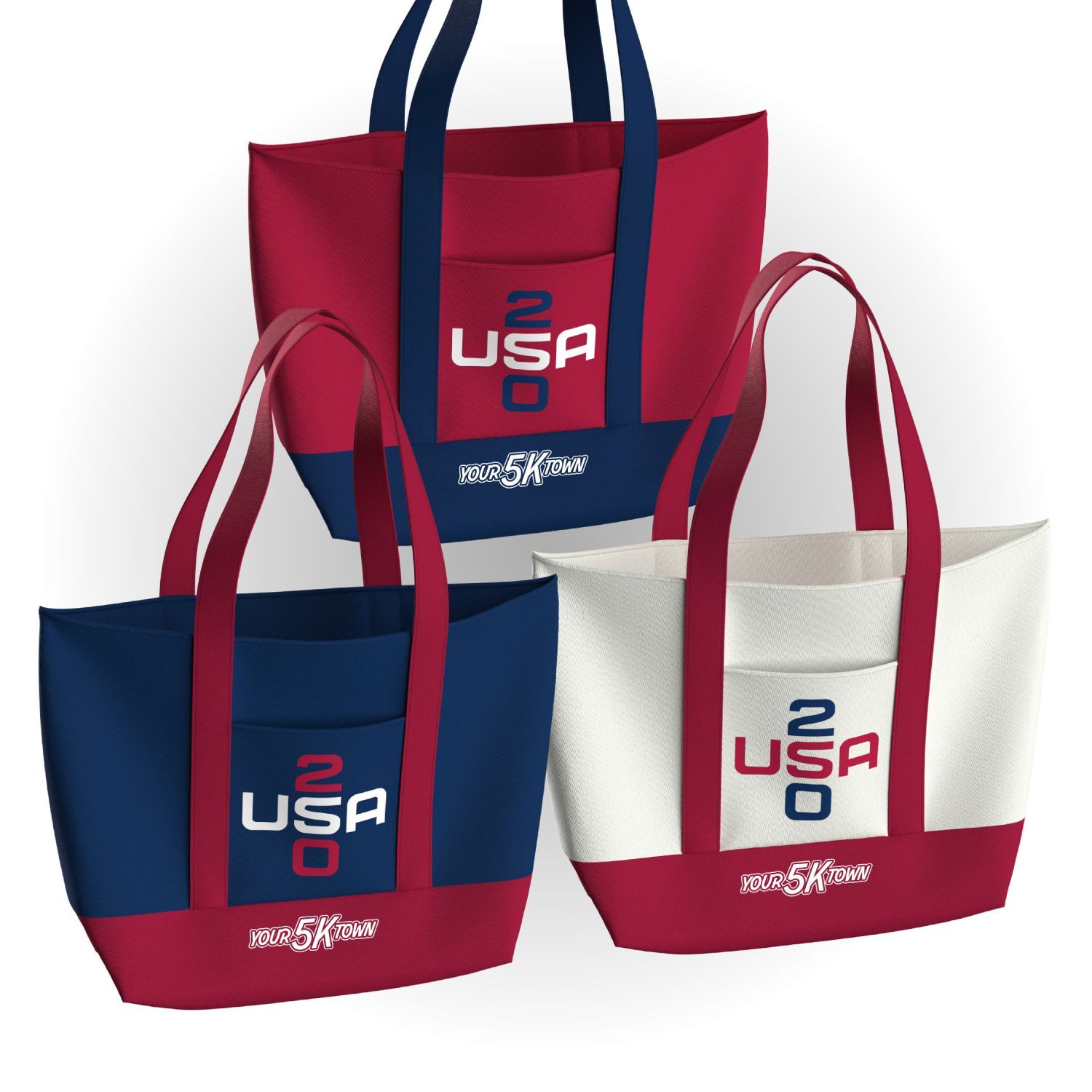 Three USA-250 themed canvas tote bags in red, white, and blue with long handles and “USA” text