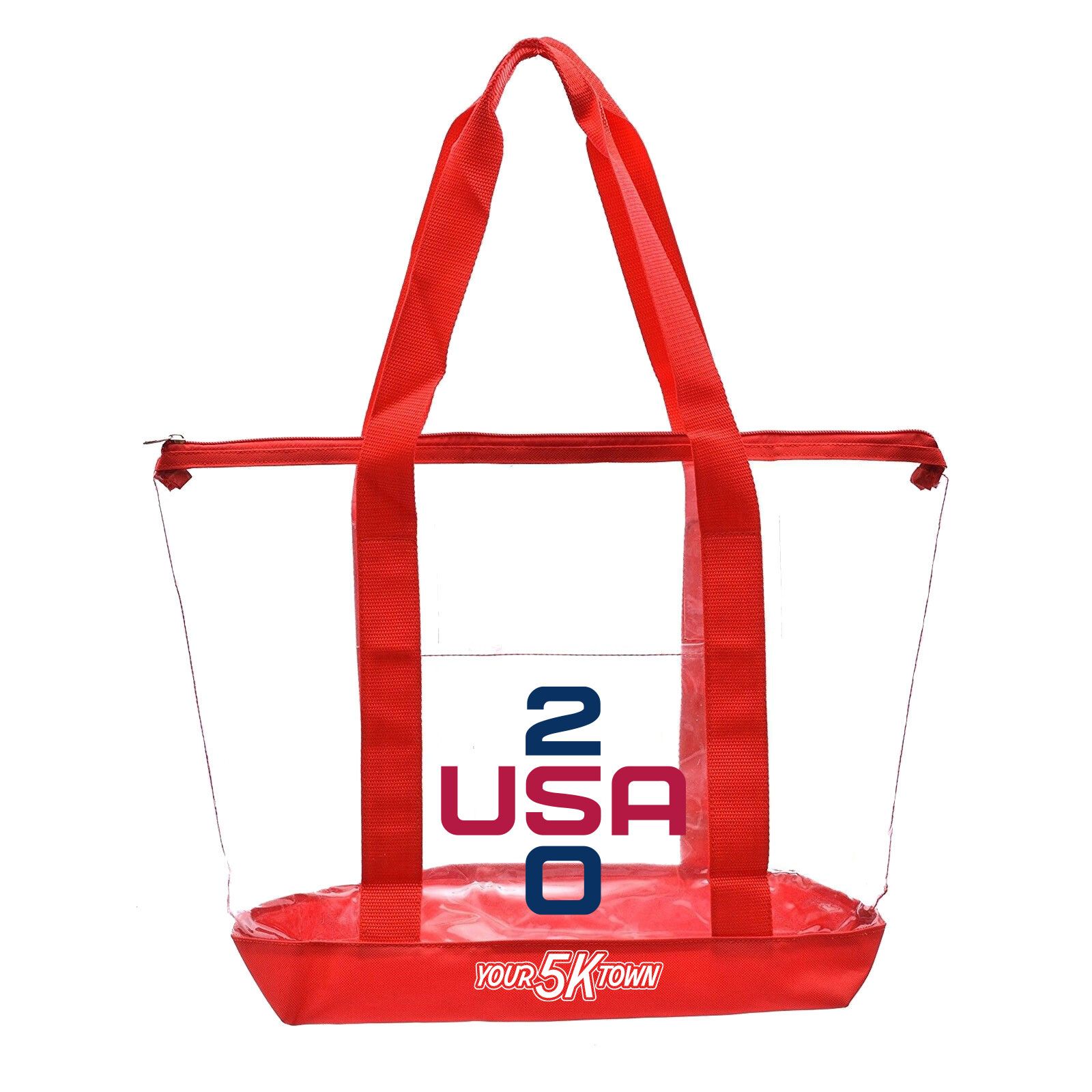 Red translucent USA 250 souvenir tote bag with handles and a boxy base