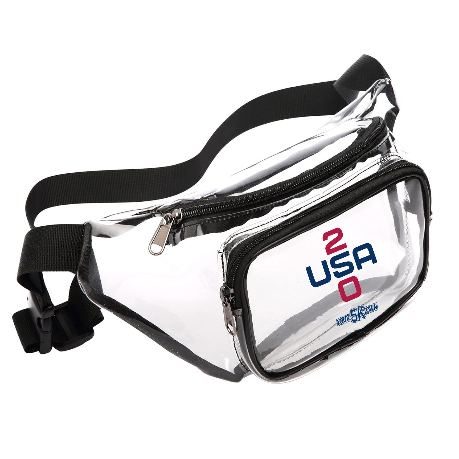 Clear waist bag with black trim and strap, labeled “USA 250” in red and blue.