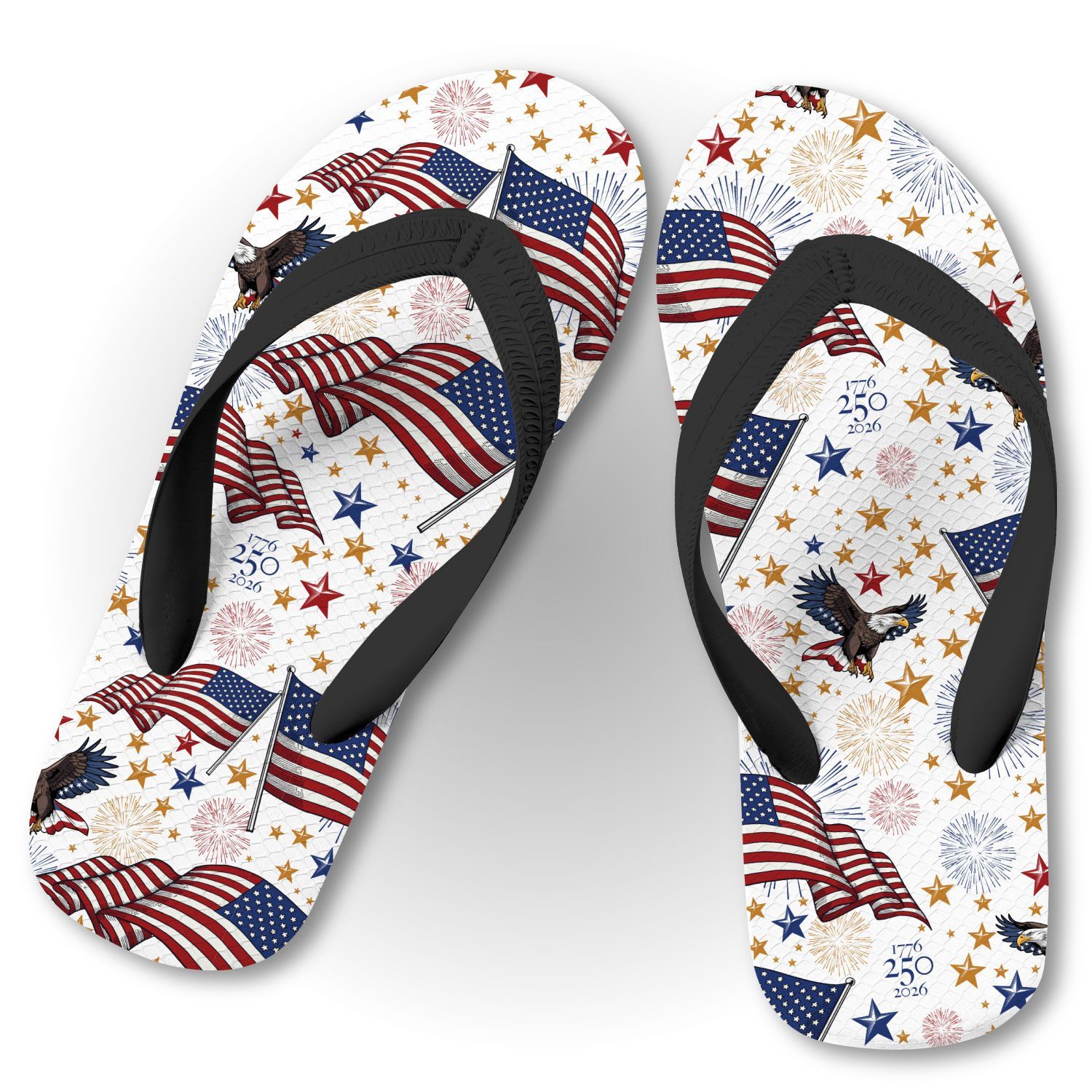 Patriotic flip-flops celebrating America's 250 years.  Featuring the American flag, stars, fireworks, and an eagle.