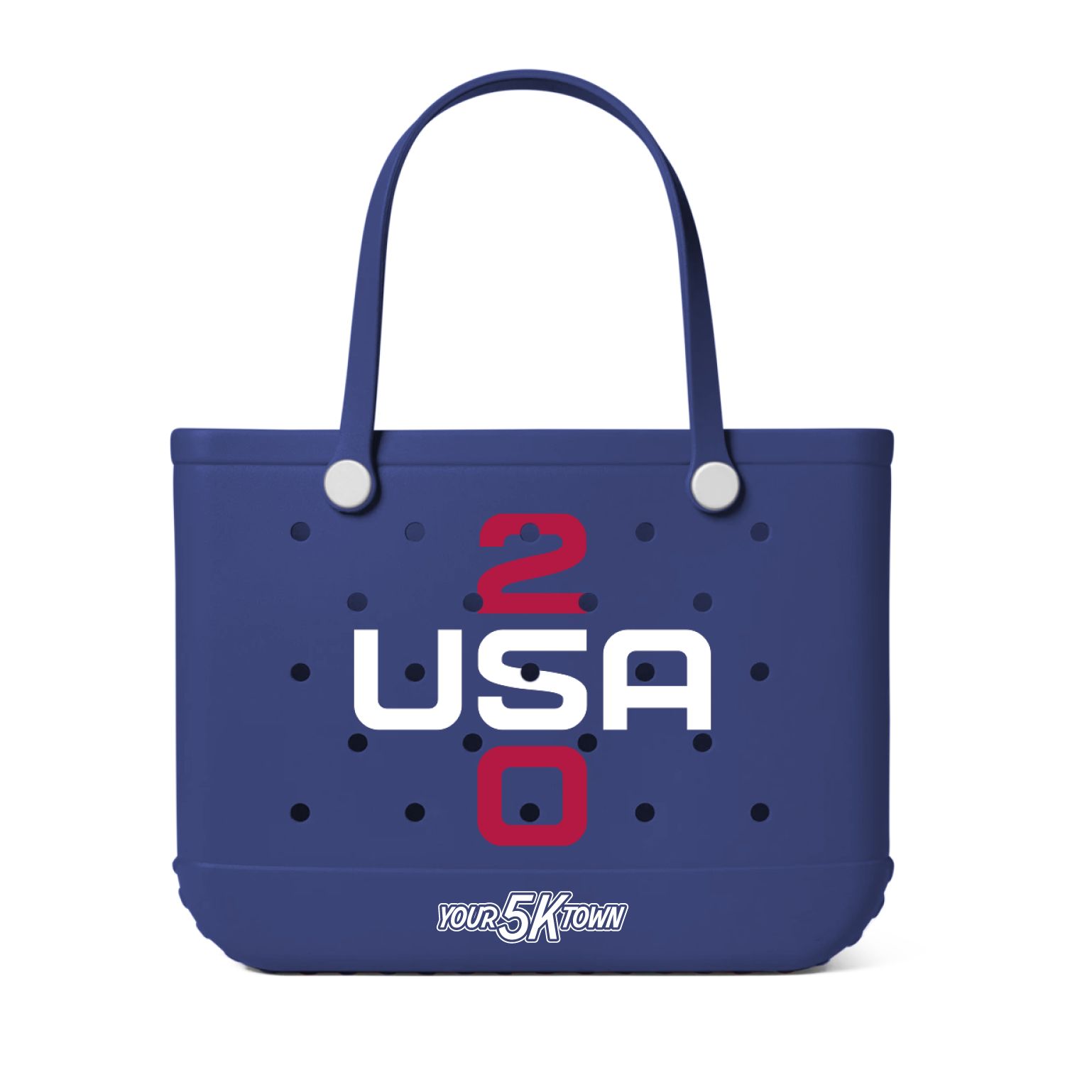 Blue silicone tote bag with USA logo and red number 2, white handles, and small black dot accents