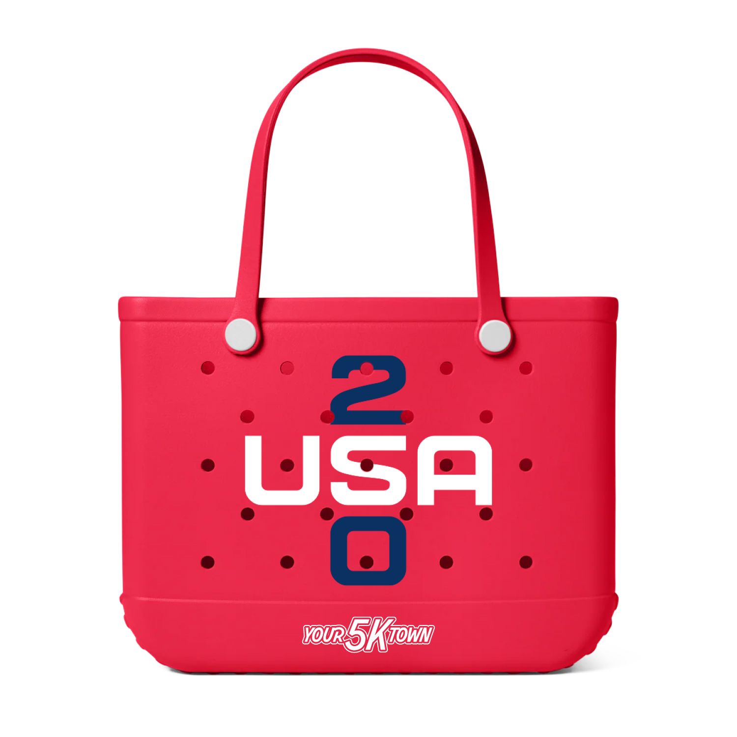 Red USA 250 silicone tote bag with blue handles and white trim, featuring a large number 2 and small black dots.