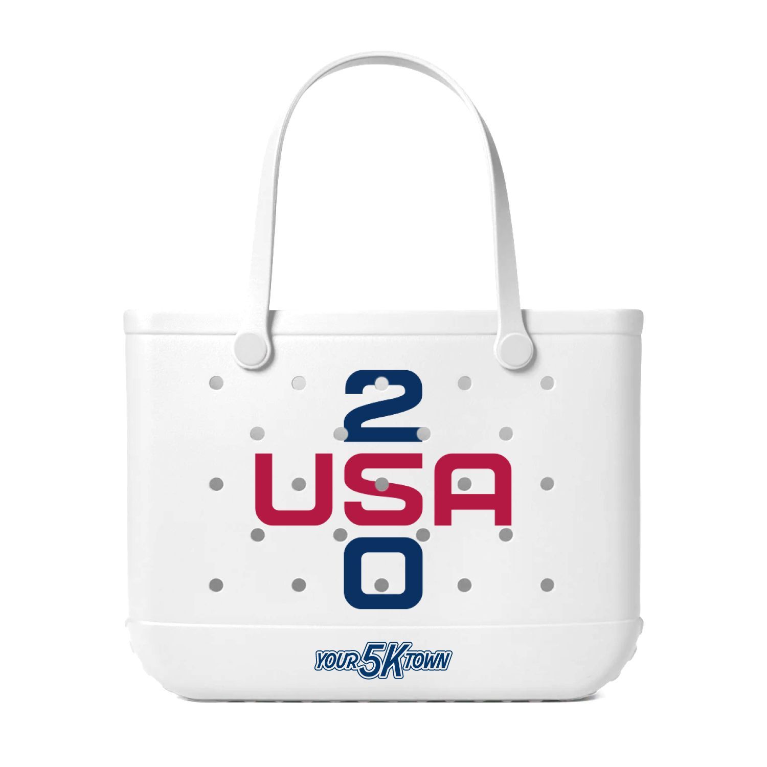 White tote bag with blue and pink 