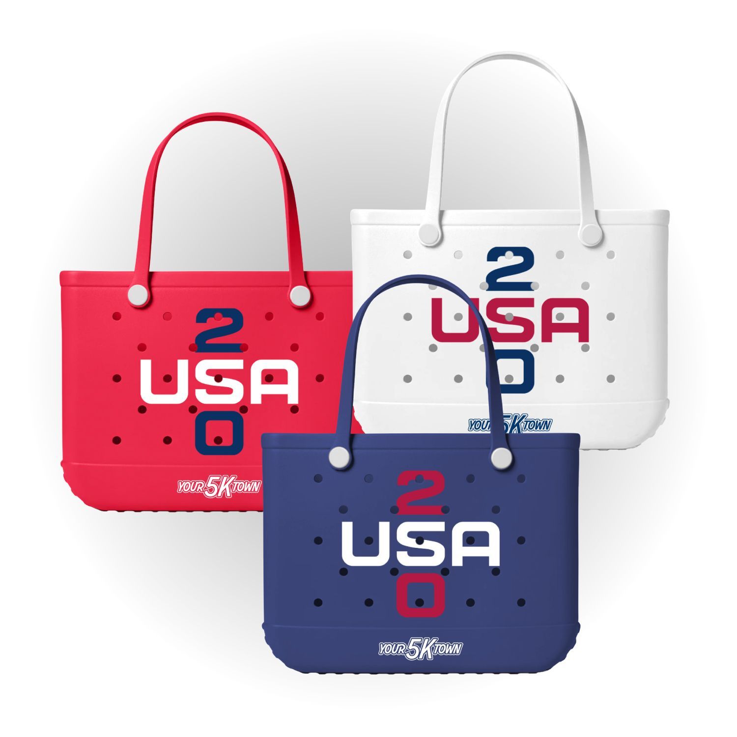 Three silicon splash tote bags in red, white, and navy with USA 2020 text and peace hand symbols