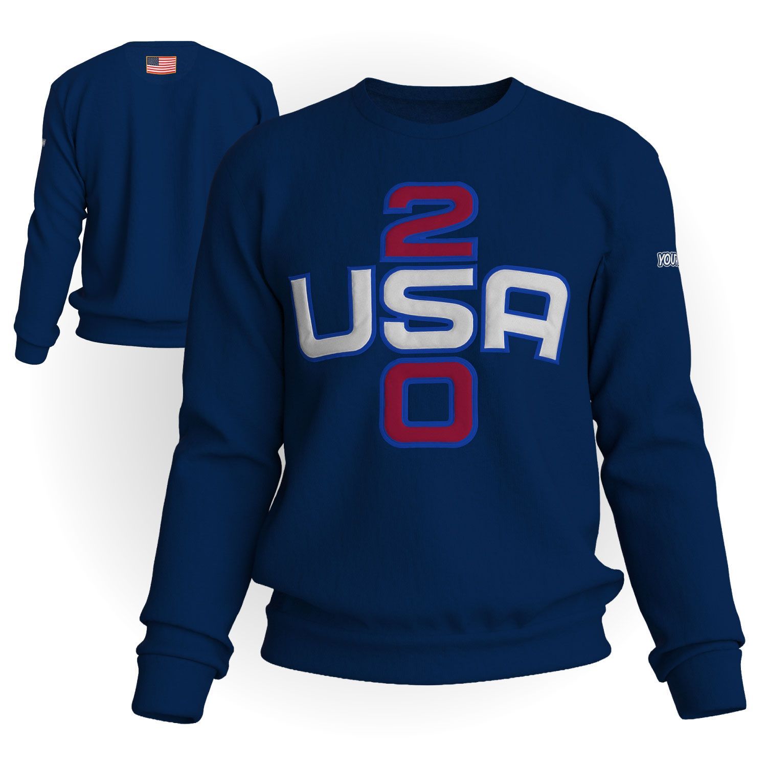 Blue sweatshirt with red and white “USA” and number 250 design, shown front and back views