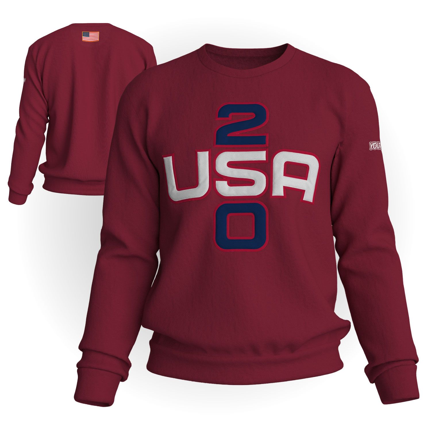 Maroon USA sweatshirt with blue and white “USA” text and a number 250 design, shown front and back.