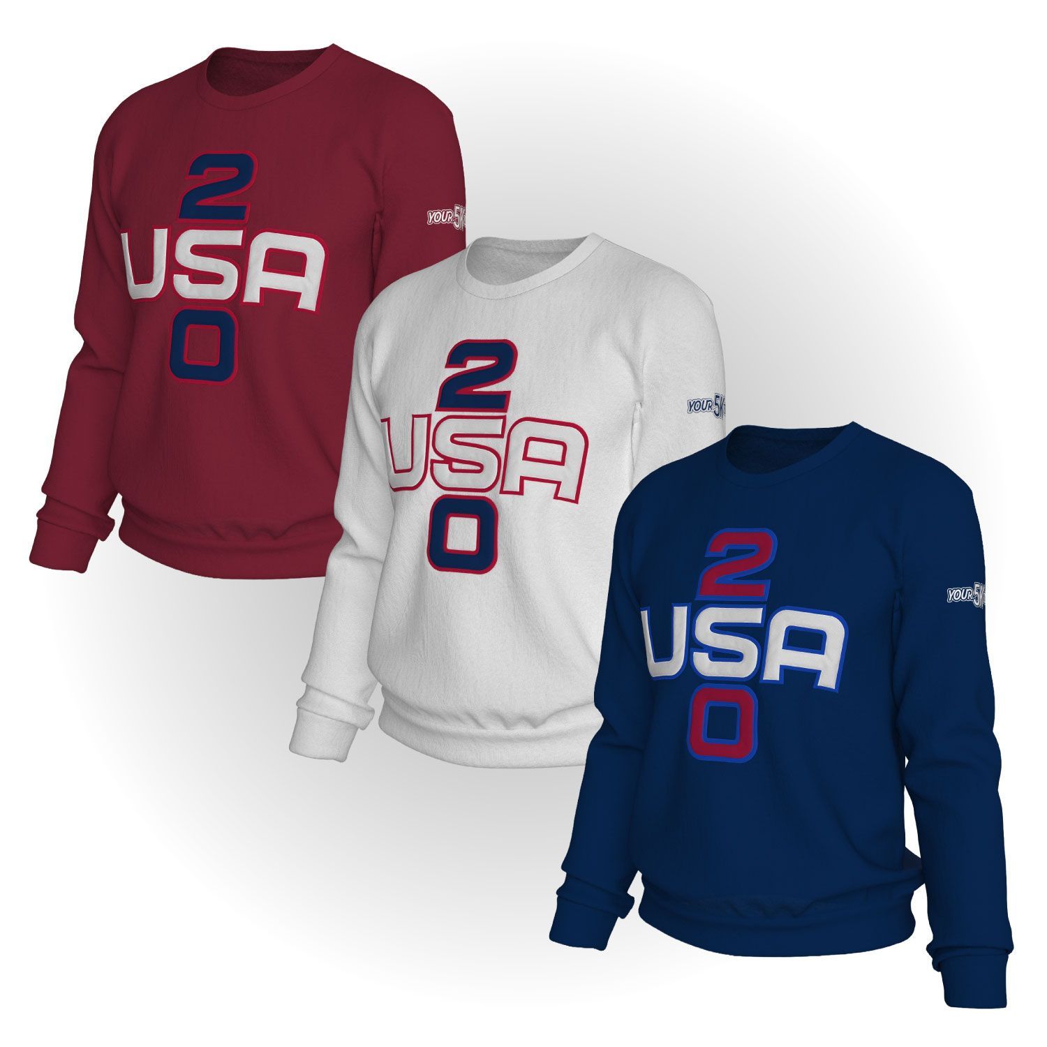 Three crew neck sweatshirts in Red, White, and Navy with the text USA 250 embroidered in a cross pattern on the chest.
