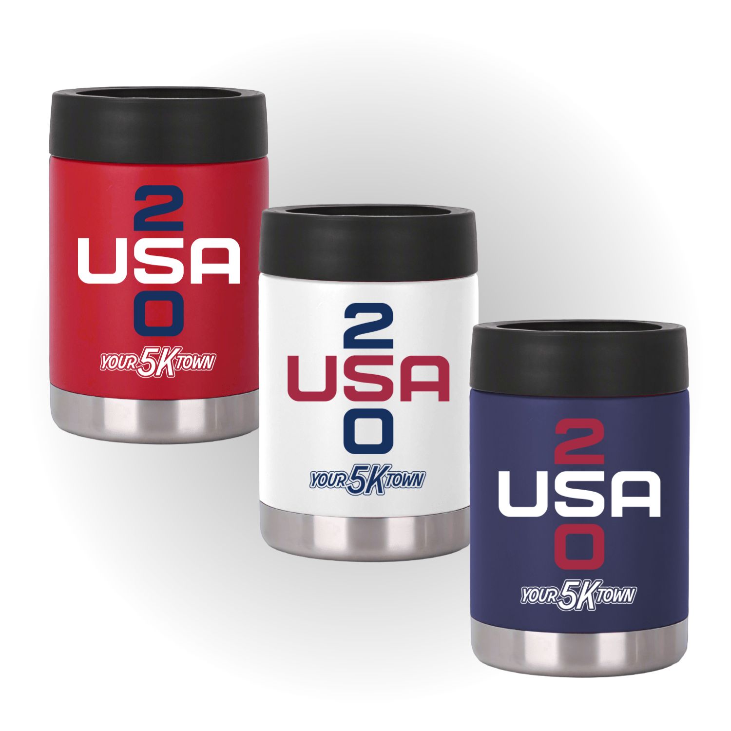 Three USA 250 12oz Stainless Steel Insulated Can Cooler in red, white, and blue on a white background