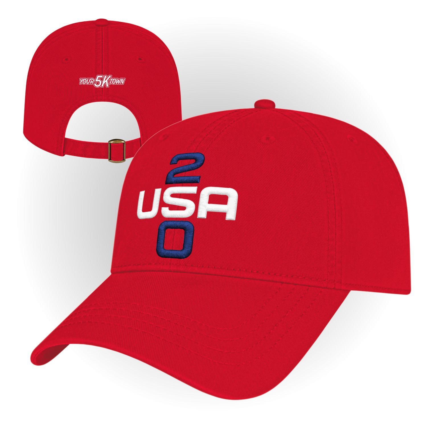 Red USA 250 baseball cap with blue and white logo, shown front and back on a white background