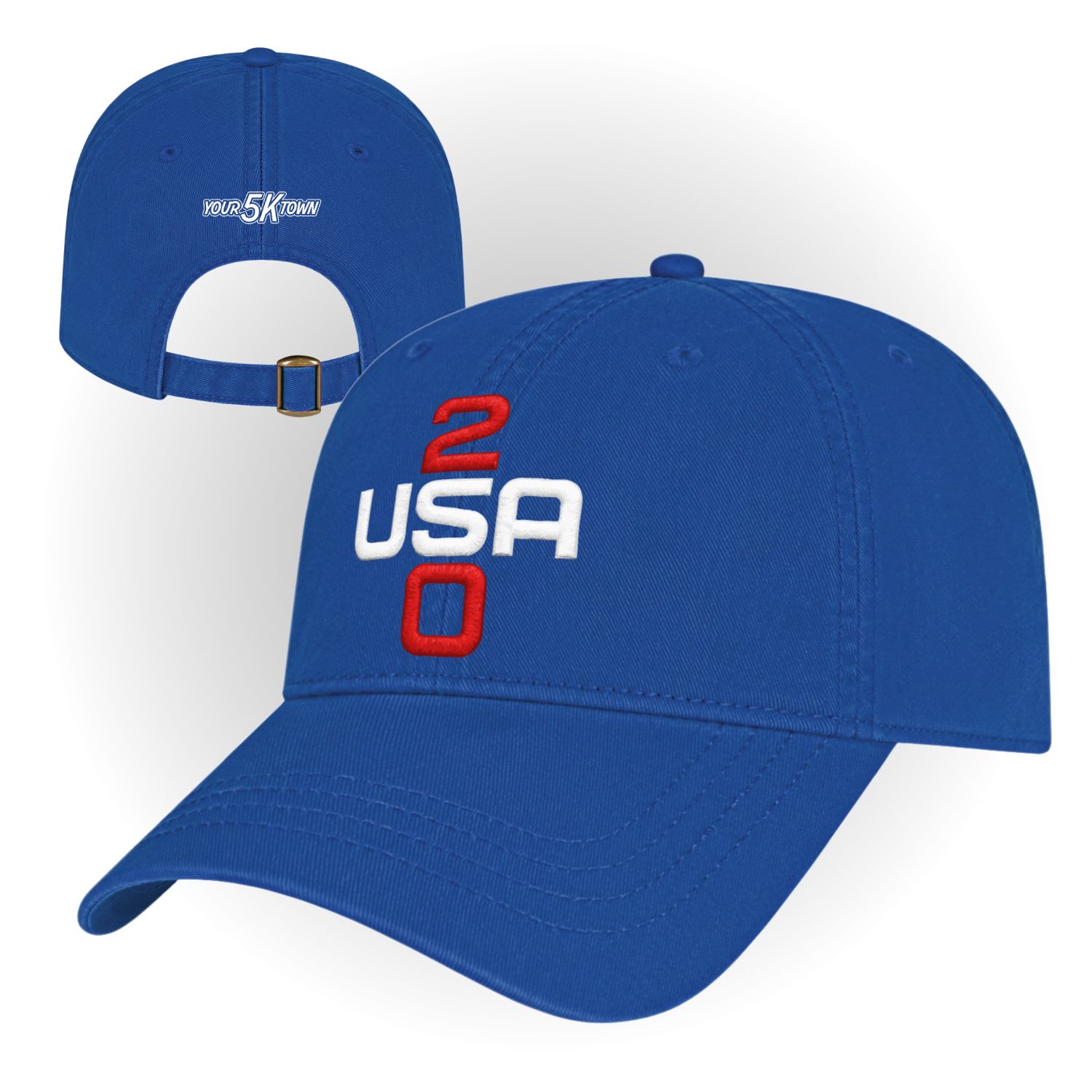 Blue canvas baseball cap with red “250” and “USA” on the front, shown front and back view
