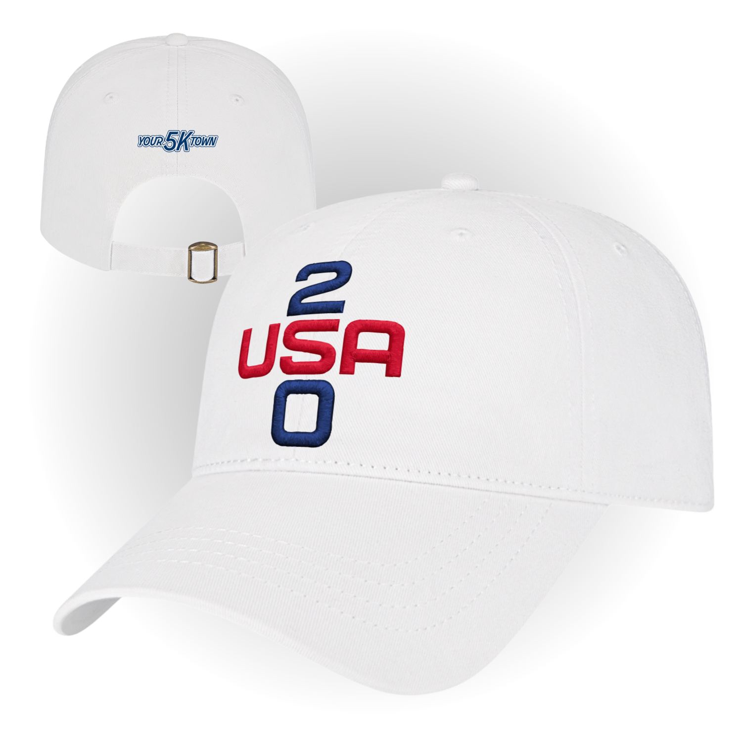 White baseball cap with red and blue, USA 250 embroidery, shown front and back view
