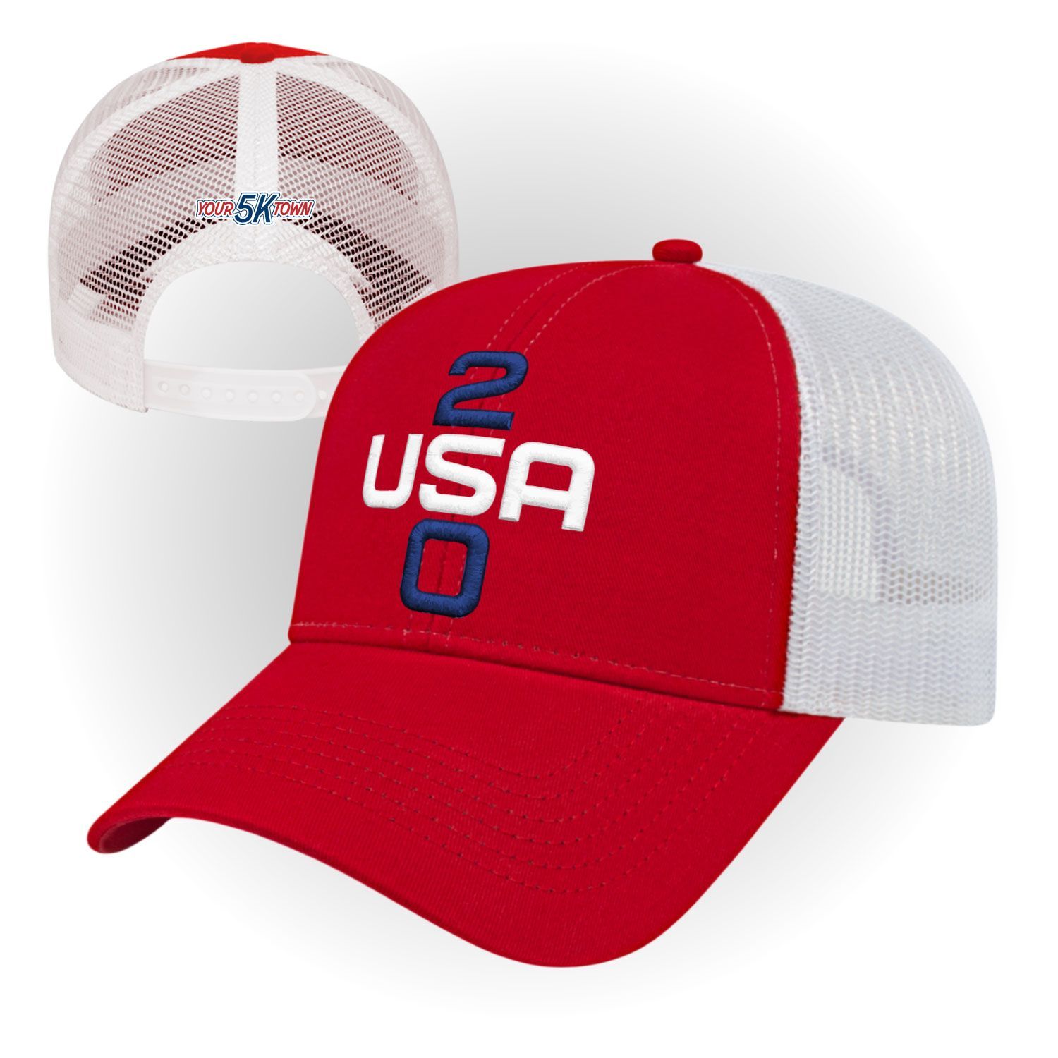Red, white, and blue USA 250 baseball cap with mesh back, shown front and back views.