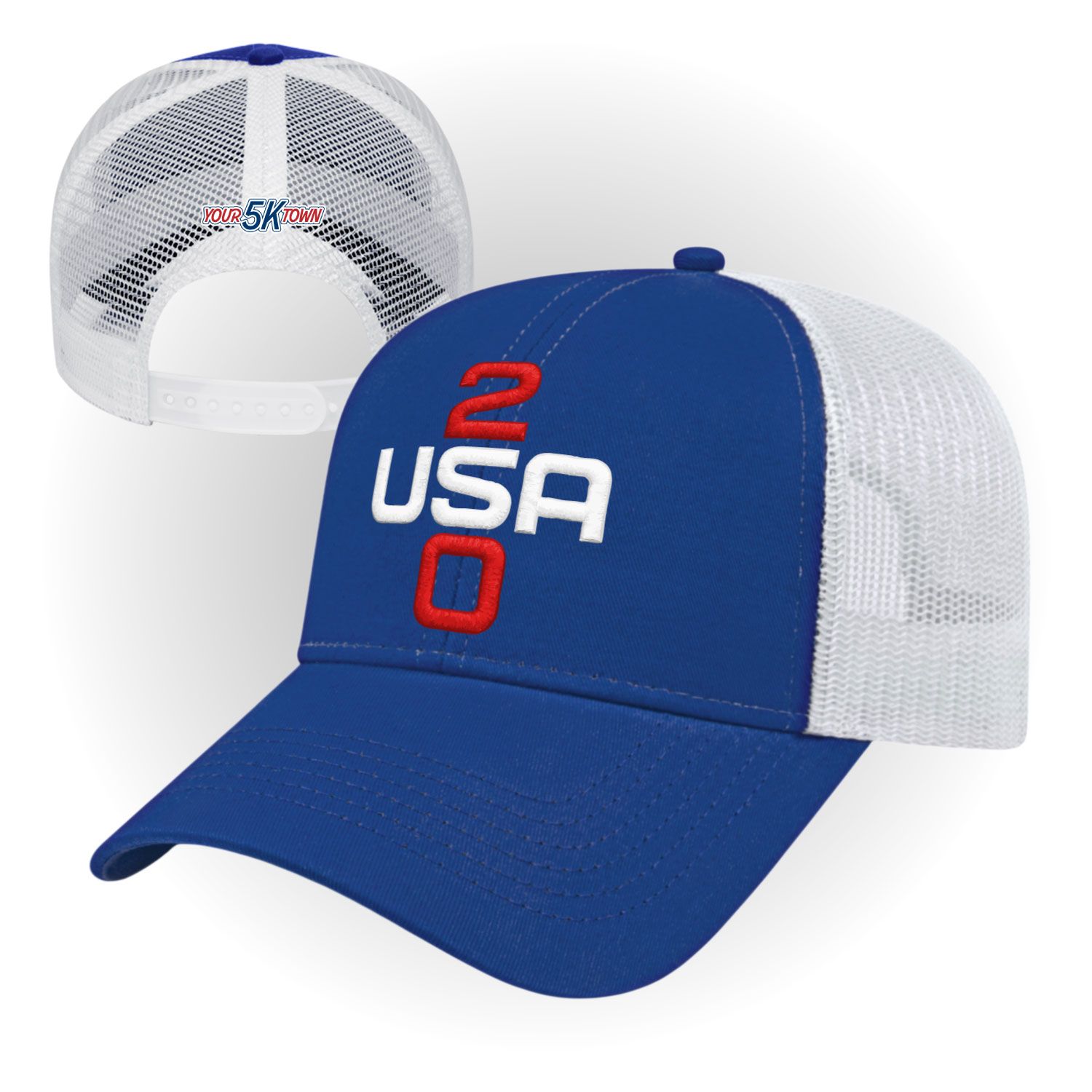 Blue and white mesh baseball cap with red and white USA 250 logo, front and back view
