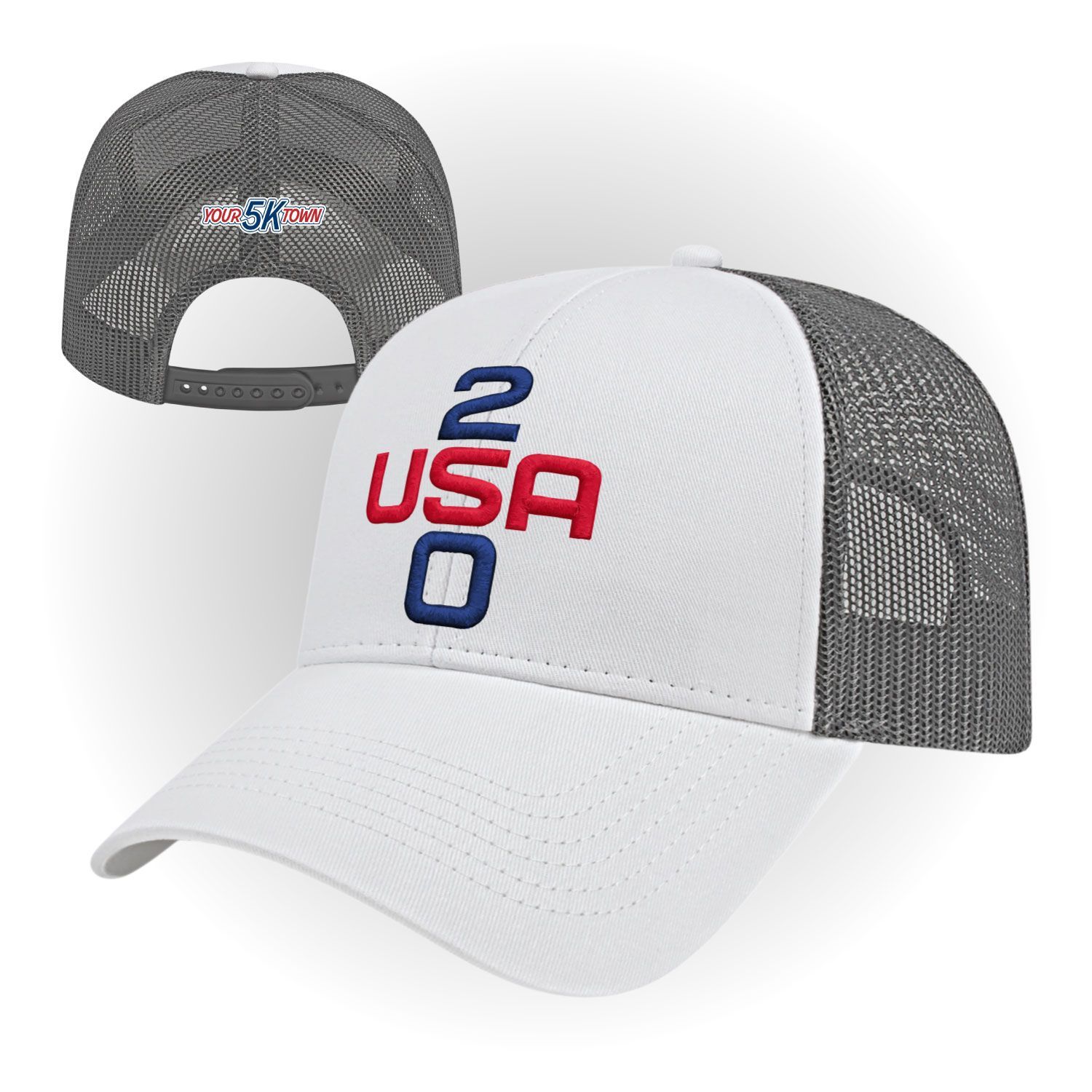 White and gray mesh USA 250 baseball cap with navy and red embroidery