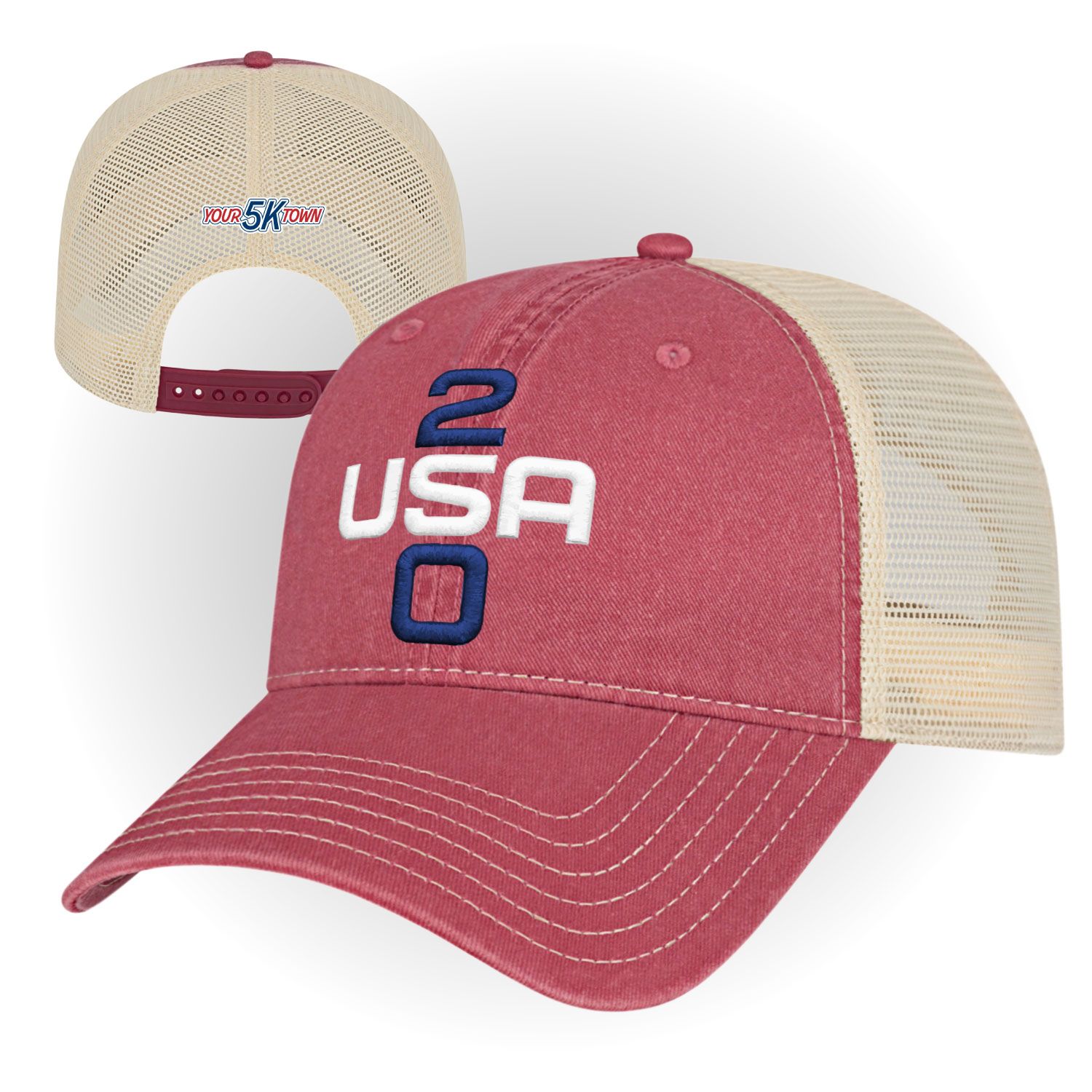 Red and tan mesh USA 250 baseball cap with number 20 embroidered on the front and back
