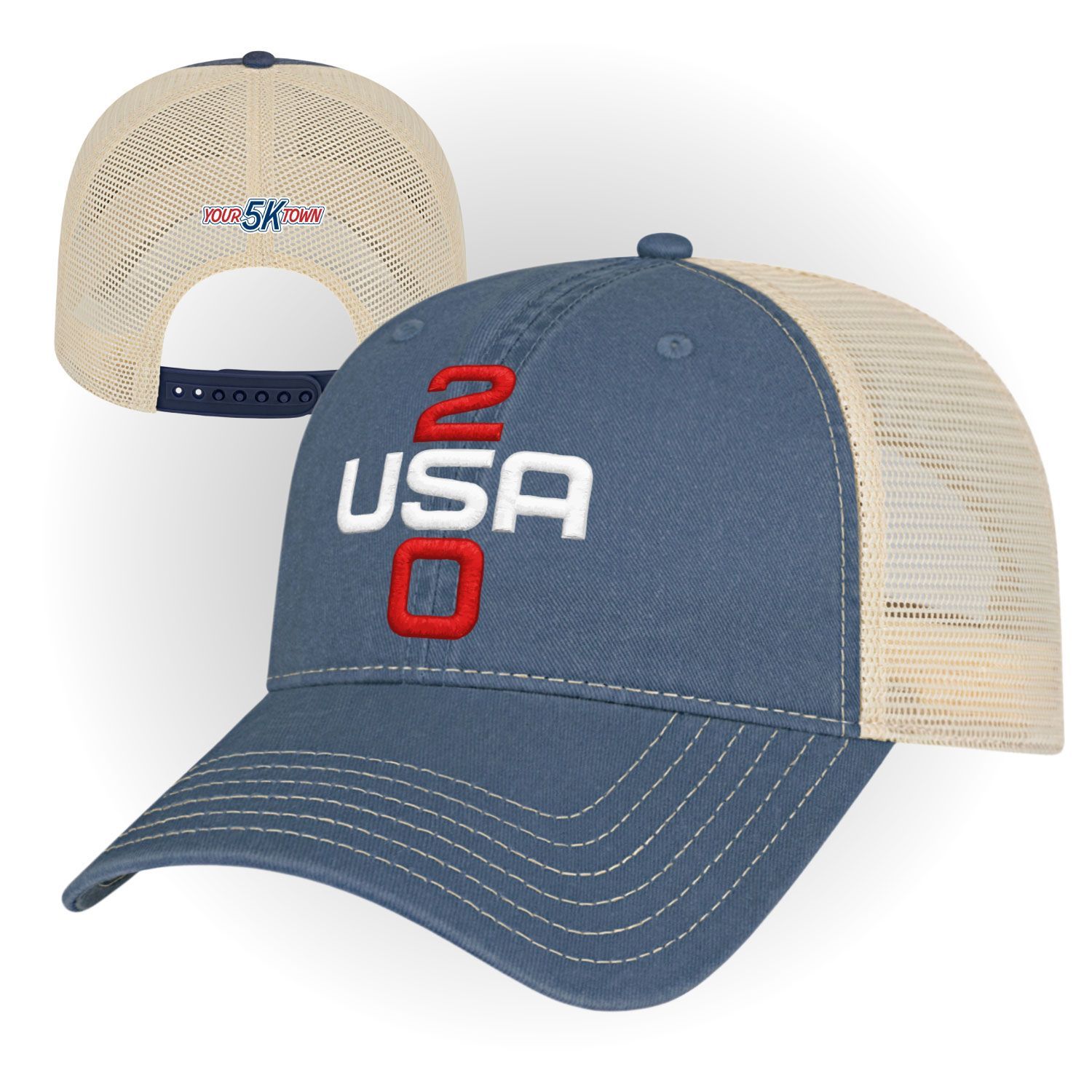 Blue and tan mesh baseball cap with red and white USA 250 logo, front and back views