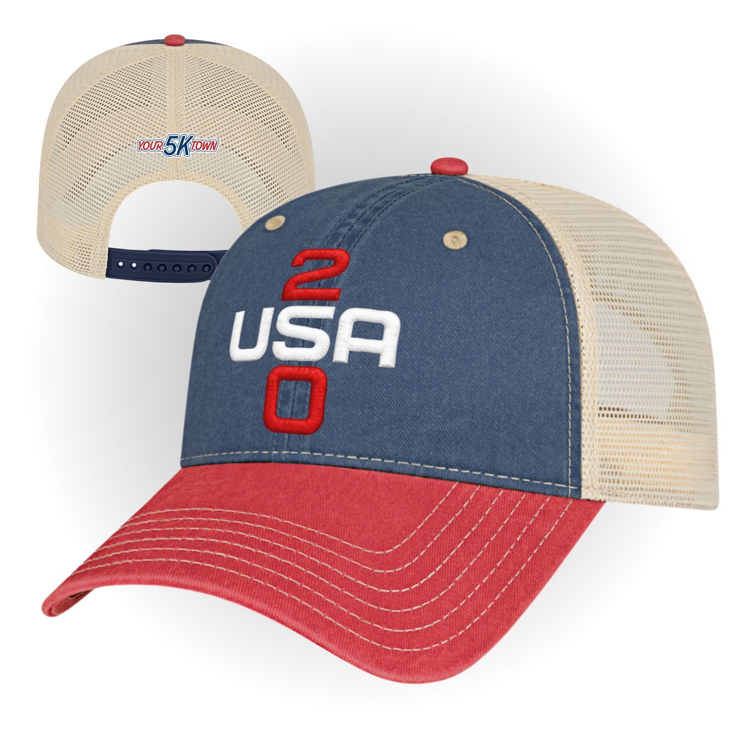 Blue, red, and beige USA250 baseball cap with mesh back, shown front and back.