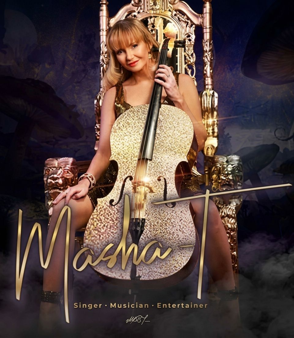 Woman posing with a cello and violin bows on a gold throne, with “Masha” text and “Singer-Musician-Entertainer” below