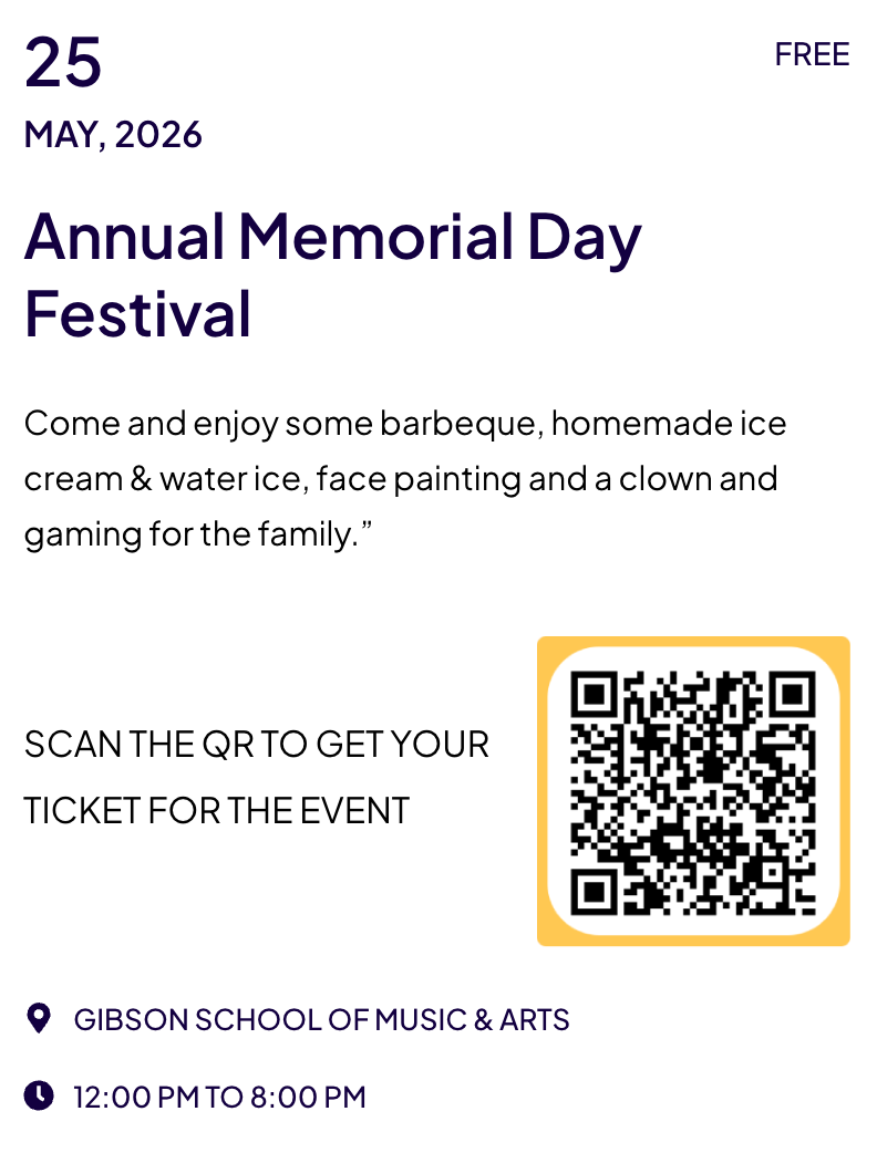 Annual Memorial Day Festival flyer with QR code, music, ice cream, water slide, face painting, and games