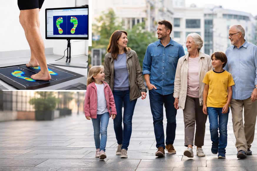 Family walking outdoors; inset shows foot pressure analysis on a sensor.
