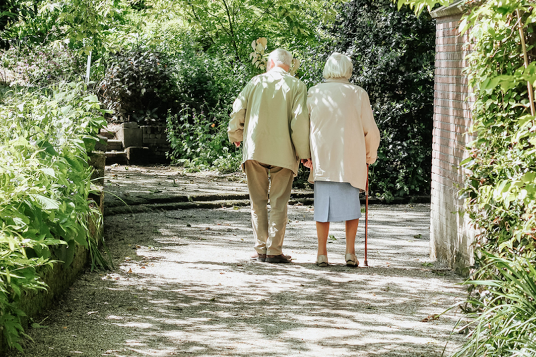 Elderly couple walking arm-in-arm on a stone path in a garden, surrounded by greenery.