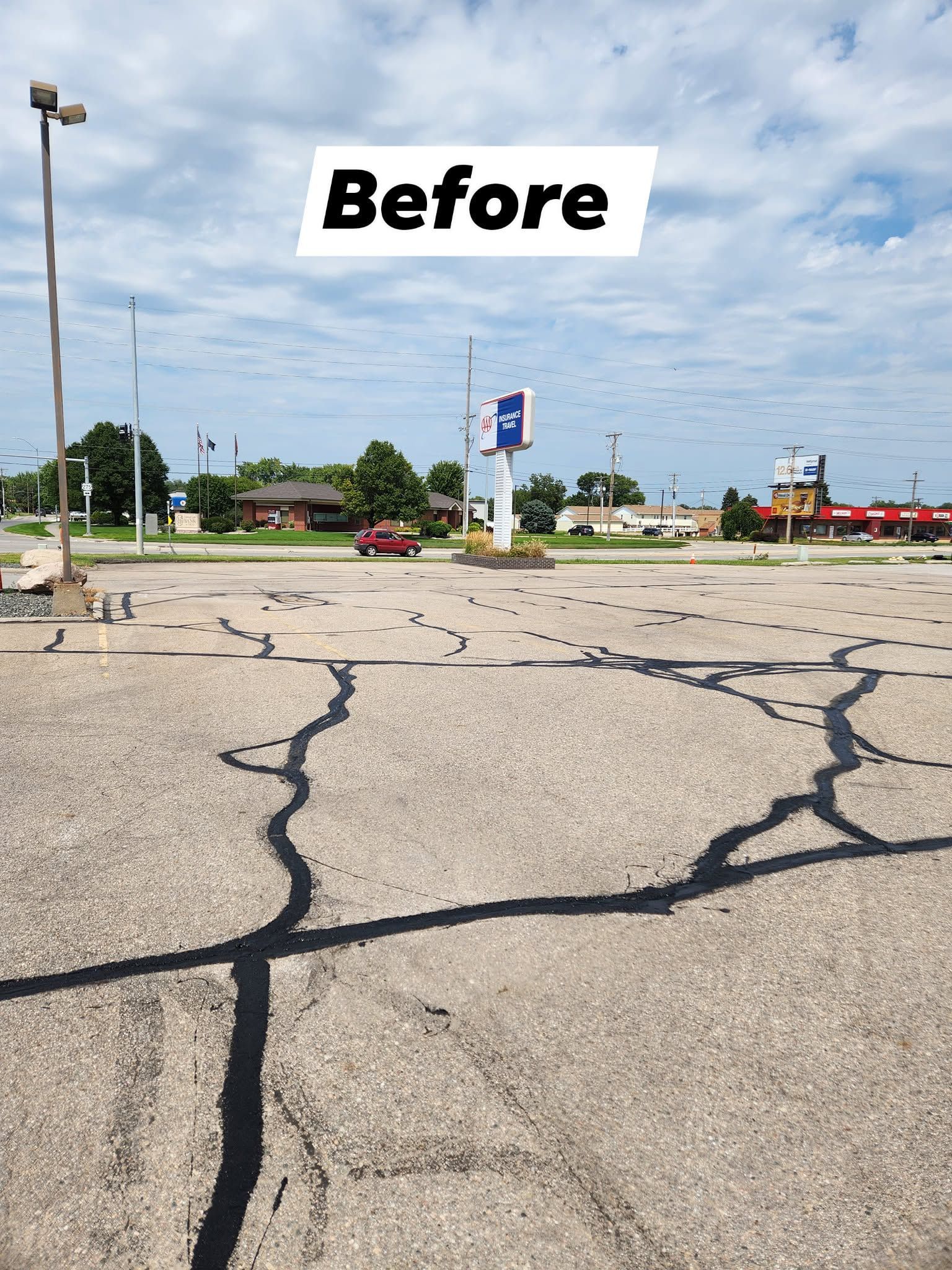 Cracked asphalt parking lot under a cloudy sky, labeled “Before.”