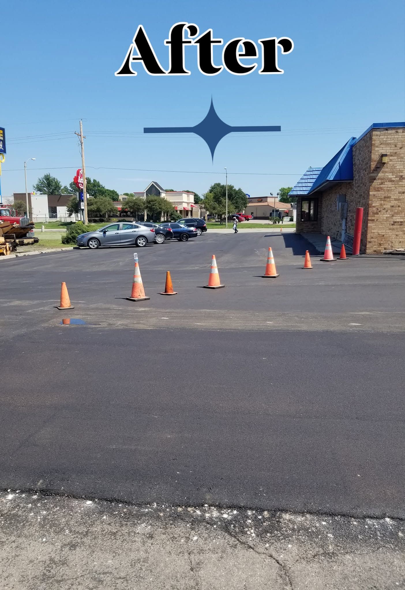Parking lot with orange cones and an “After” label under a blue sky