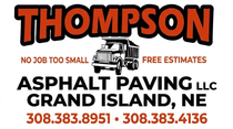 Thompson Asphalt Paving logo with truck, Grand Island, NE, and phone numbers on white background