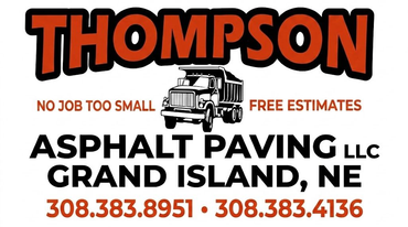 Thompson Asphalt Paving logo with truck, Grand Island, NE, and phone numbers on white background