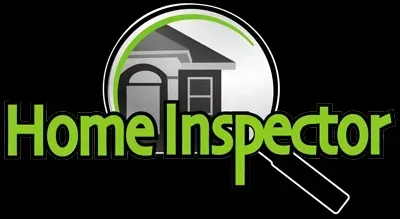 A home inspector logo with a magnifying glass and a house
