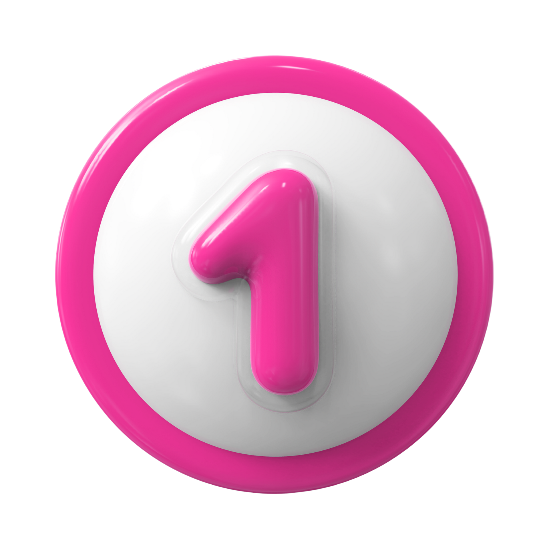 Botão rosa número 1 sobre fundo circular branco com borda magenta.