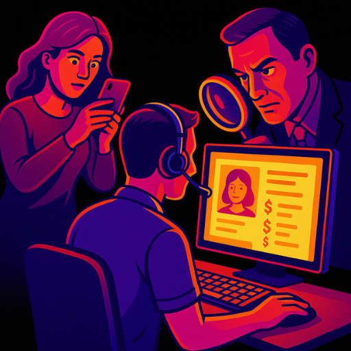 Dois investigadores examinam o perfil de uma pessoa num computador portátil, enquanto um utilizador de telemóvel e uma lupa estão por perto.