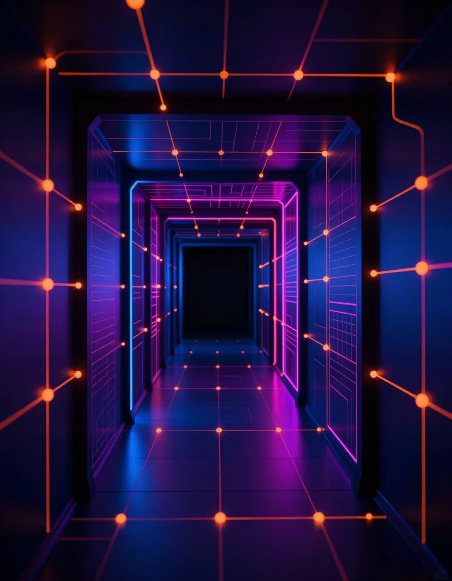 Corredor futurista iluminado por néon, com linhas brilhantes em forma de grade roxas e laranjas, que leva à escuridão.