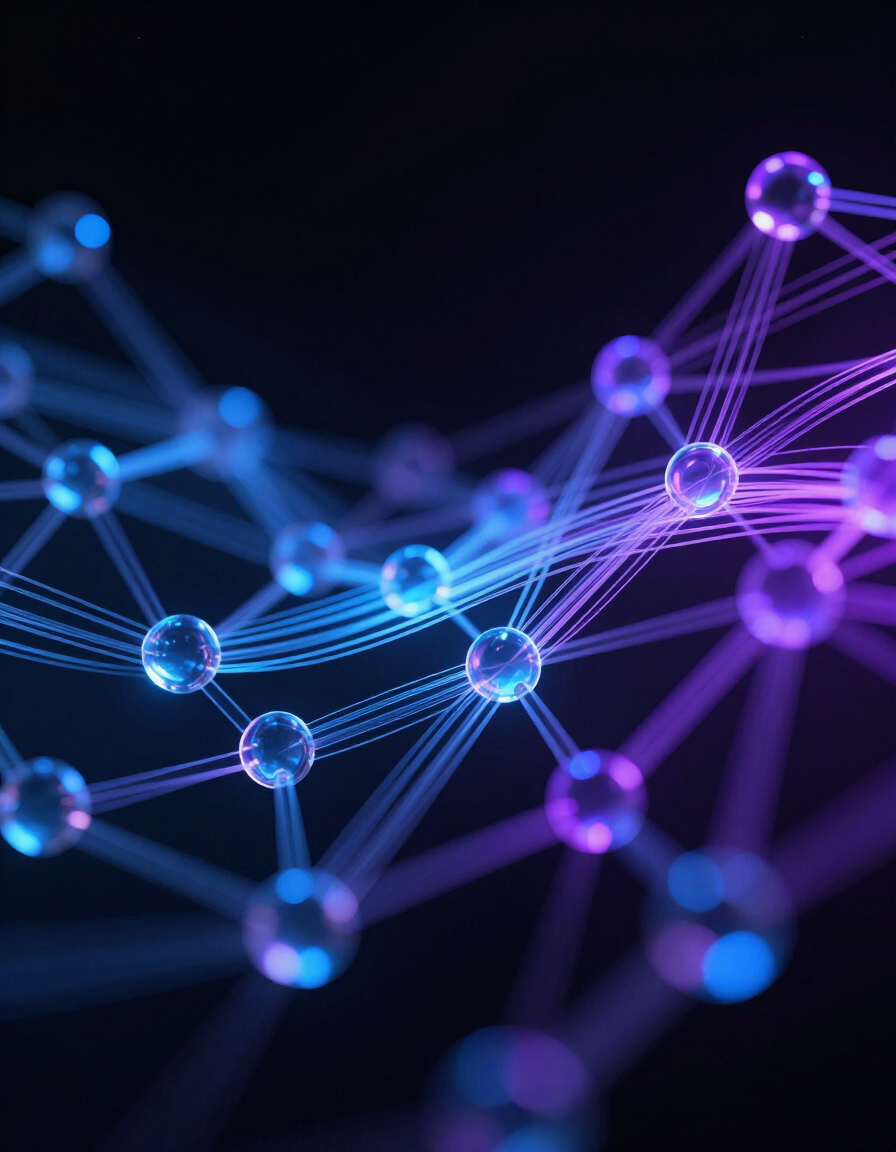 Rede abstrata de nós conectados, brilhantes em tons de azul e roxo, sobre um fundo escuro.