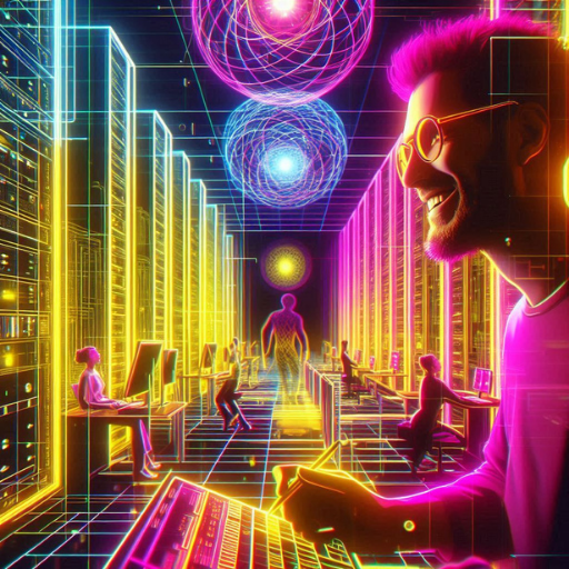 Escritório futurista iluminado com luzes de néon, com pessoas em frente a computadores e um homem sorridente em primeiro plano, brilhando em tons de rosa e azul.