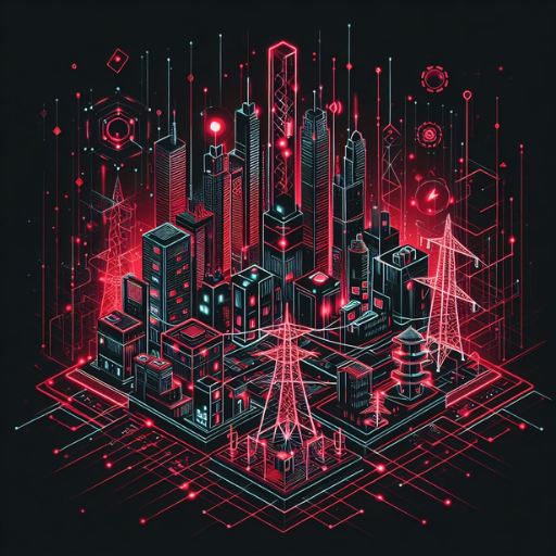 Paisagem urbana futurista em vermelho neon com arranha-céus, linhas de grade e nós de rede brilhantes em uma paisagem digital escura.
