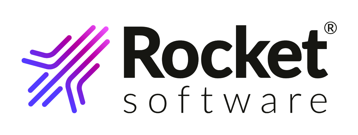 Logotipo da Rocket Software com ícone listrado roxo e nome da marca em preto sobre fundo branco.