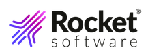 Logotipo da Rocket Software com ícone listrado roxo e nome da marca em preto sobre fundo branco.