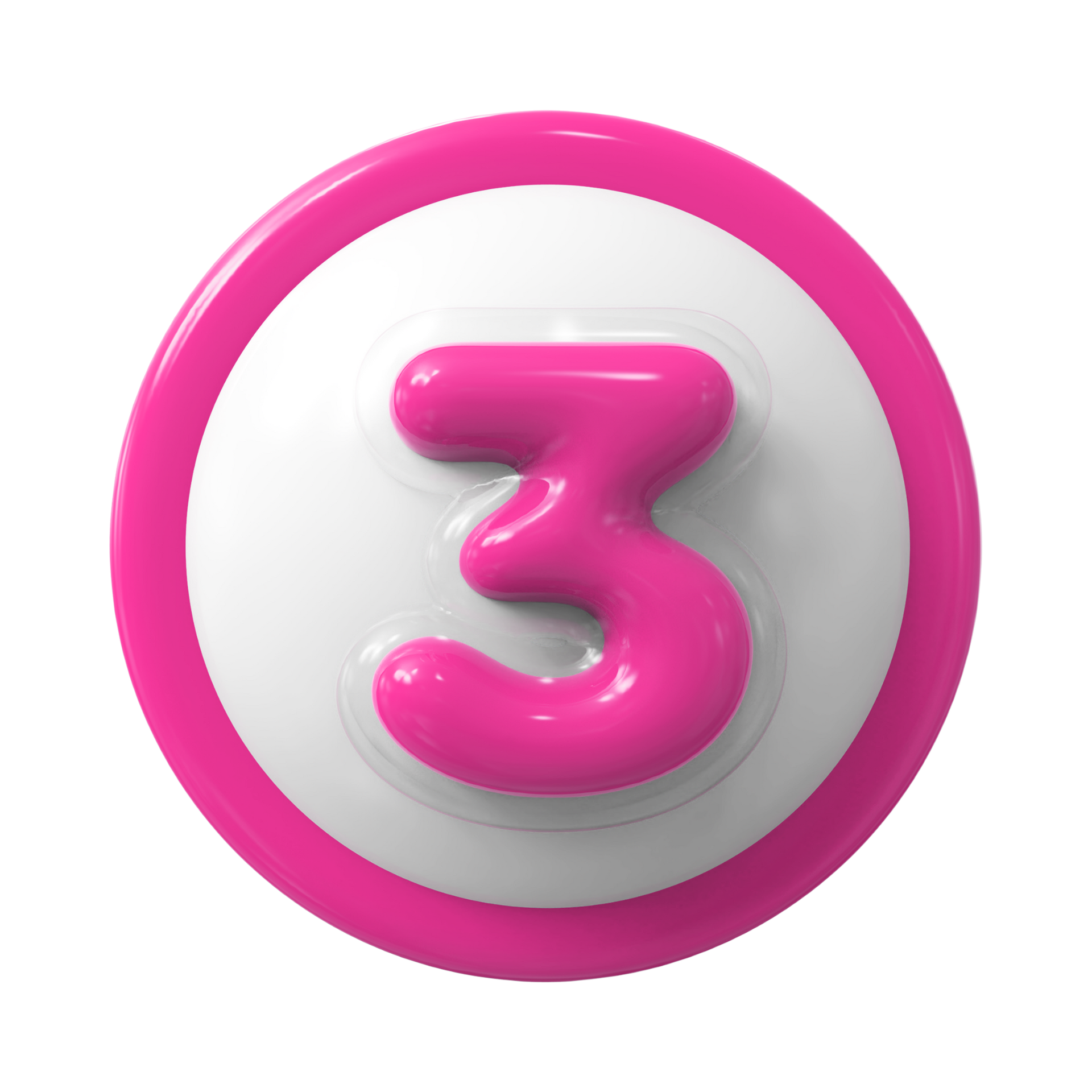 Número 3 rosa em 3D dentro de um círculo rosa sobre um fundo cinza claro.