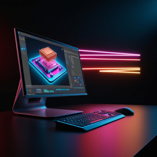 Monitor de mesa com iluminação neon exibindo um design gráfico 3D, com teclado e mouse sobre uma mesa escura.