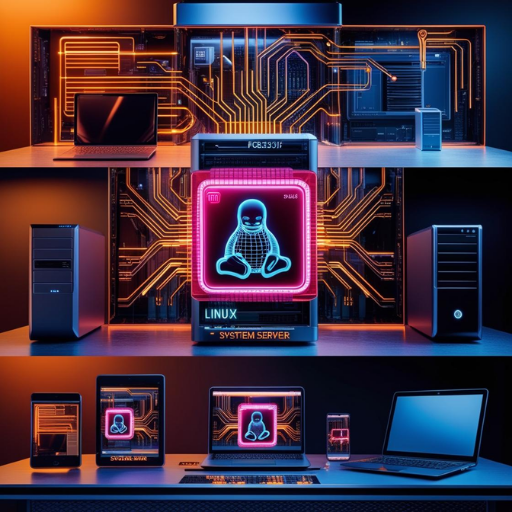 Servidor Linux e laptop com iluminação neon, gráficos de placa de circuito impresso brilhantes e uma tela de terminal central.